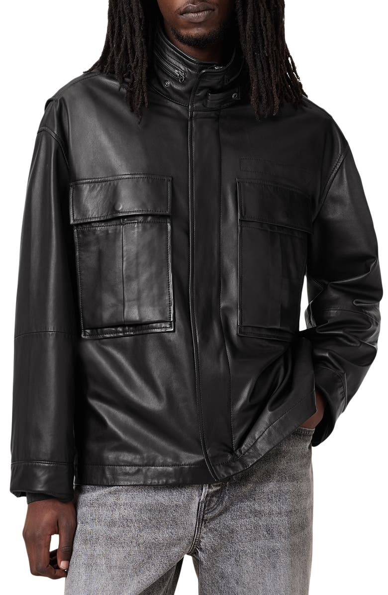 AllSaints Halton Funnel Collar Leather Jacket, Main, color, Black
