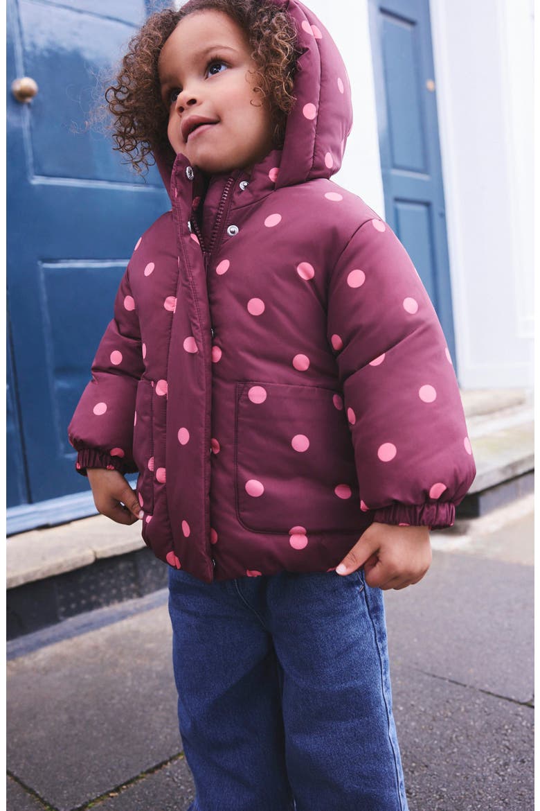 Kids' Polka Dot Hooded Puffer Jacket, Alternate, color, RED