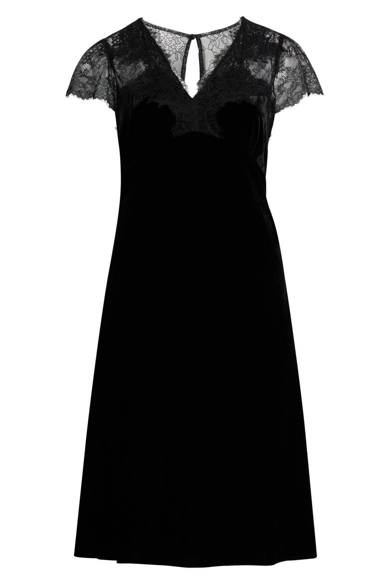 Lace and Velvet Midi Dress, Alternate, color, BLACK