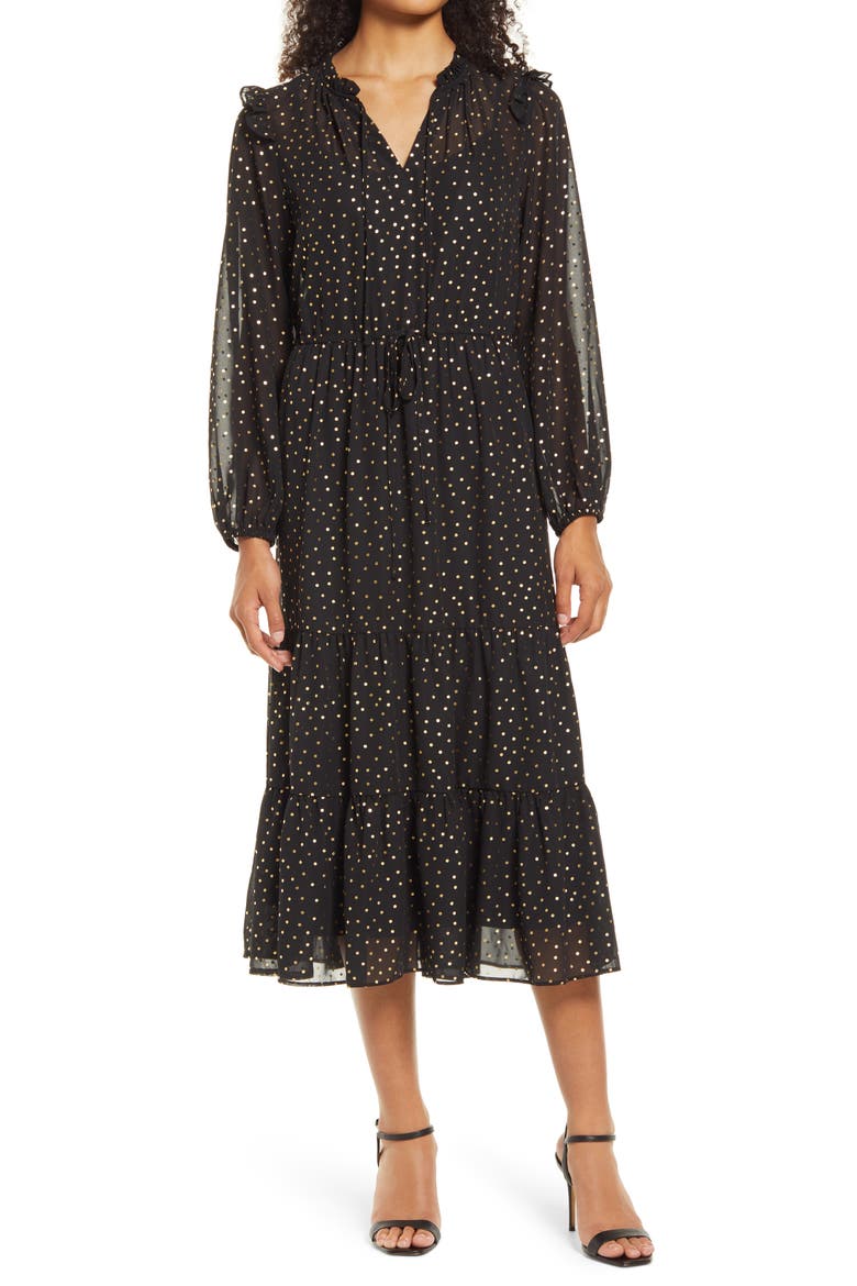 Julie Jordan Drawstring Waist Long Sleeve Midi Dress, Main, color, BLACK/ GOLD