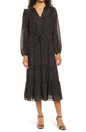 Julia Jordan Julie Jordan Drawstring Waist Long Sleeve Midi Dress In Black/gold