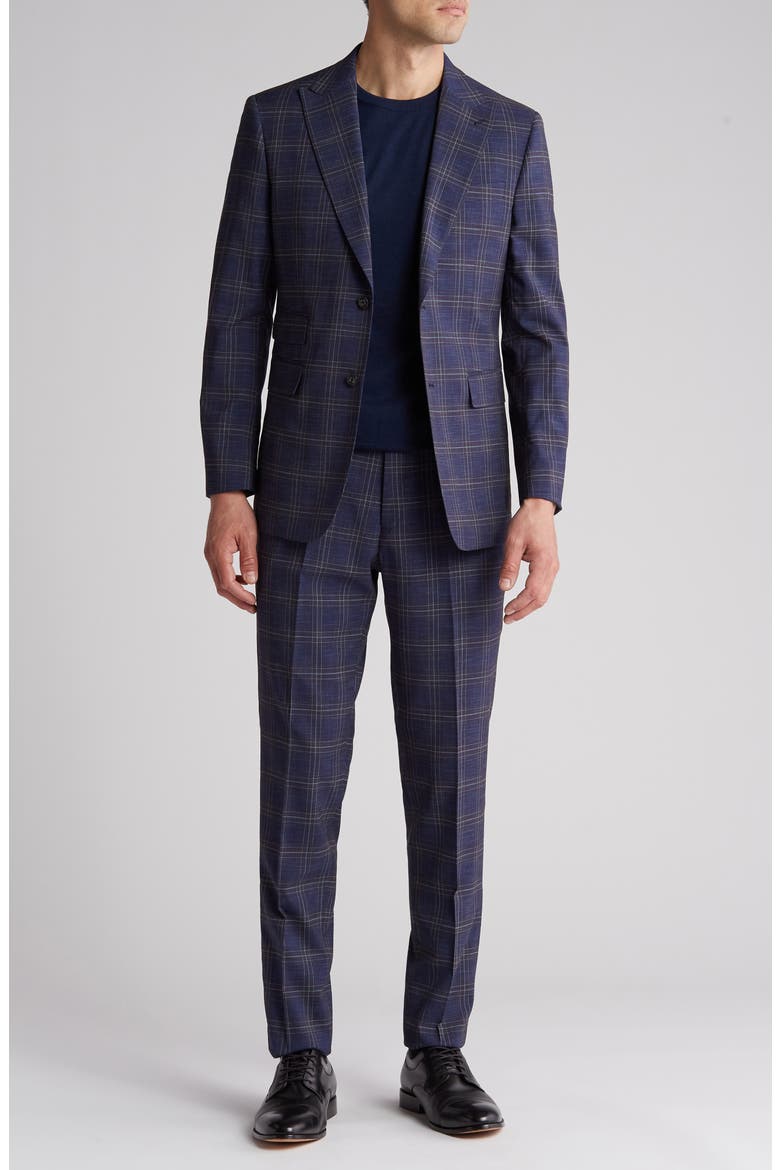 Plaid Trim Fit Peak Lapel Two-Piece Suit, Main, color, NAVY