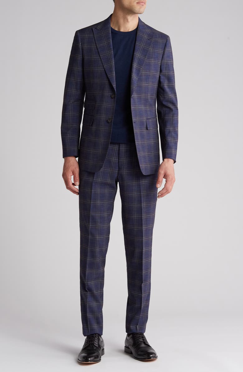 English Laundry Plaid Trim Fit Peak Lapel Two-Piece Suit, Main, color, Navy
