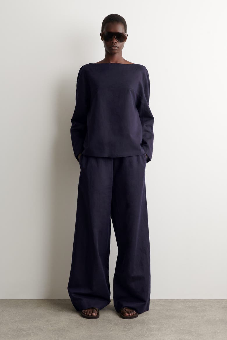 Boat-neck Linen Blouse, Alternate, color, NAVY