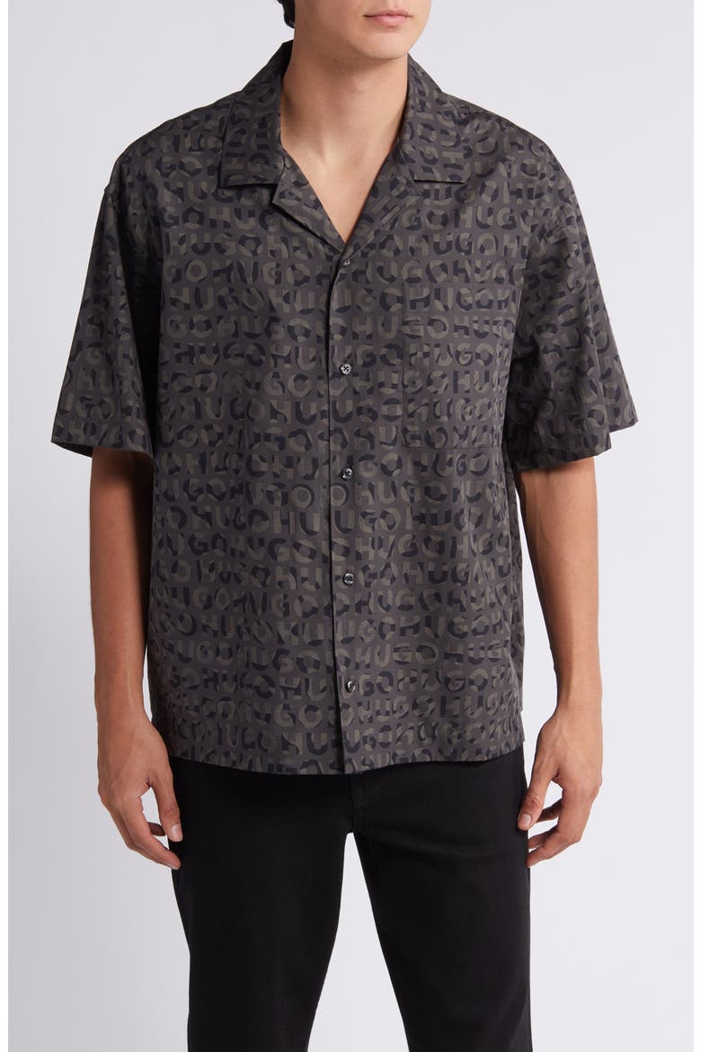 Egeeno Oversize Camo Logo Camp Shirt, Main, color, BLACK
