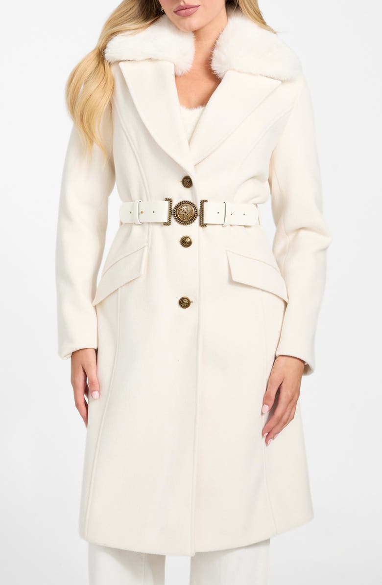 GUESS New Patrice Belted Coat with Removable Faux Fur Collar, Main, color, White