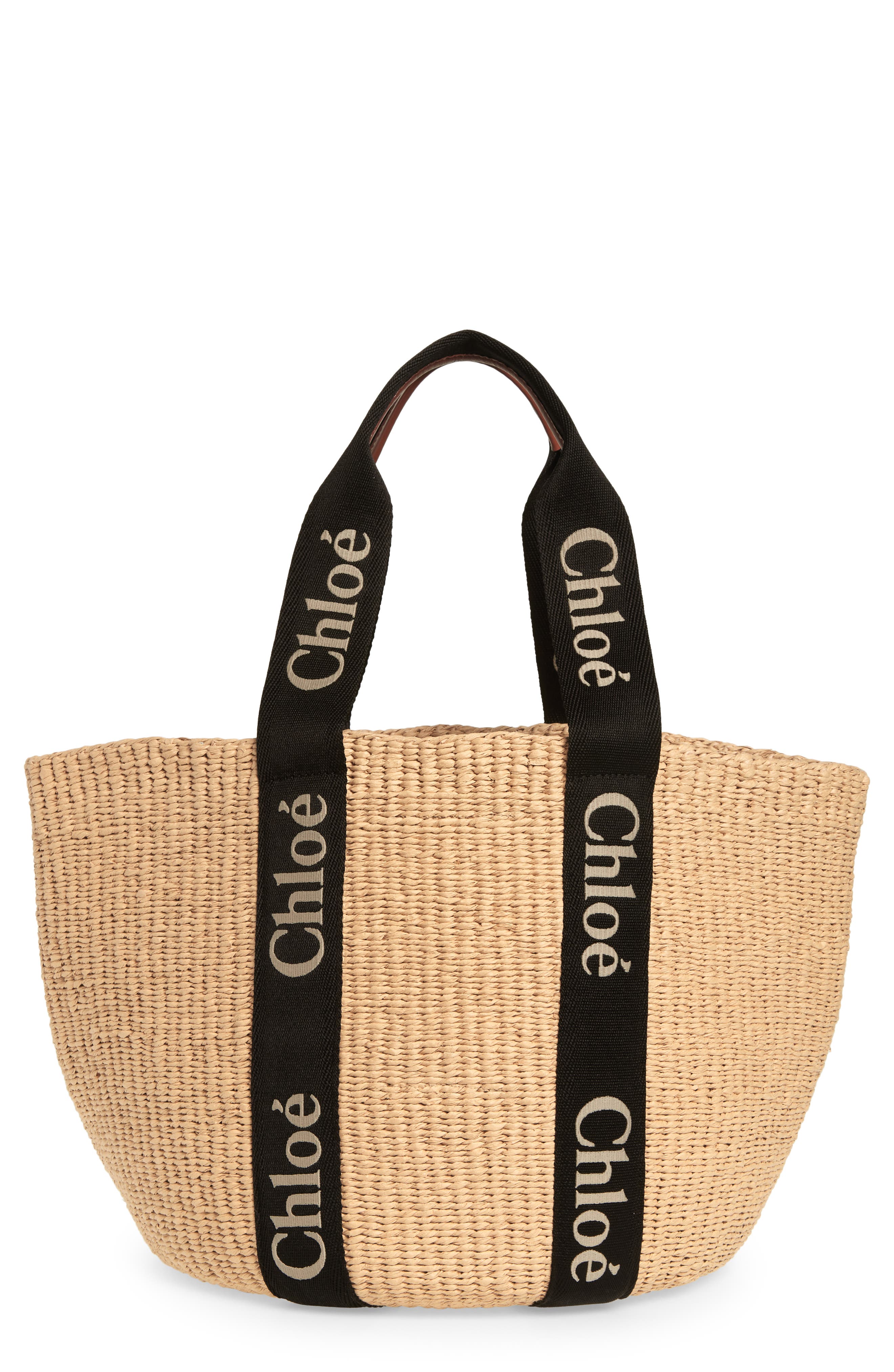 Chloé Large Woody Straw Basket Tote, Main, color, Black-Beige 1