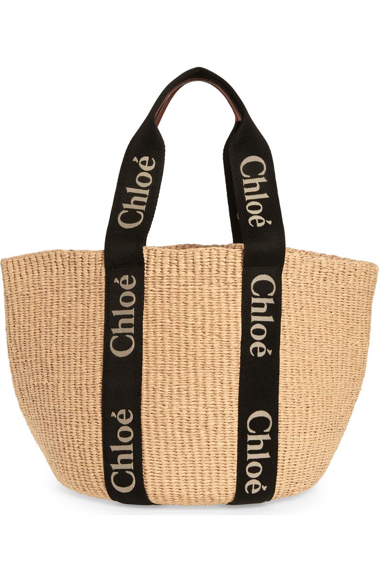 Chloé Large Woody Straw Basket Tote, Main, color, Black-Beige 1