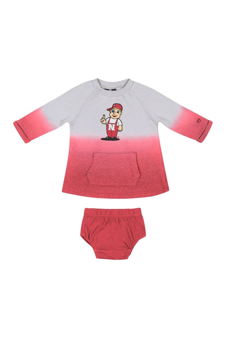 Newborn & Infant Colosseum Gray/Scarlet Nebraska Huskers Hand in Hand Ombre Dress & Bloomers Set, Alternate, color, Gray
