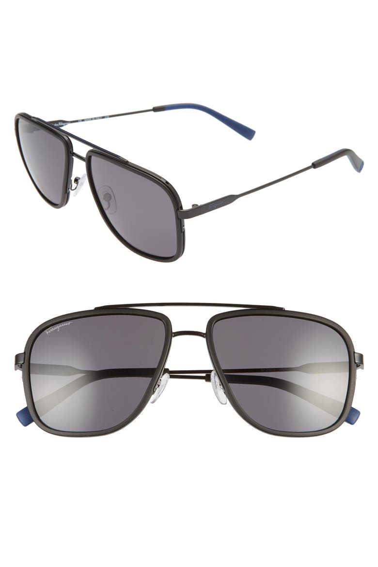 Salvatore Ferragamo 57mm Navigator Sunglasses, Main, color, BLACK