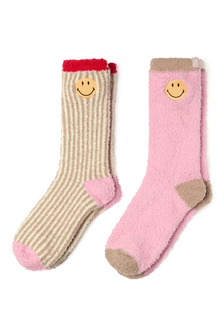 CozyChic® Smiley Assorted 2-Pack Ribbed Crew Socks, Alternate, color, FEATHER MULTI