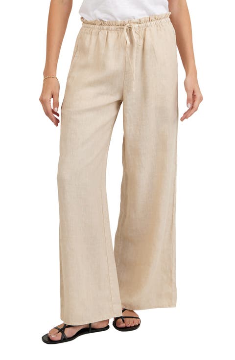 Ruffle Waist Wide Leg Linen Pants