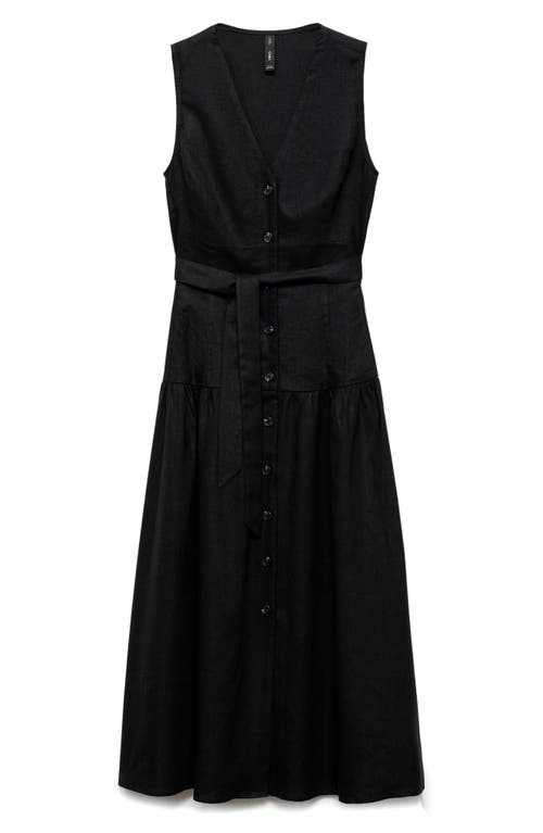 Mango Linen Look Tie Waist Button Up Midi Dress