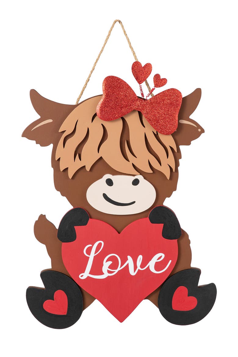 18"H Valentine's Wooden Highland Cow with Heart Door Hanger, Main, color, Red