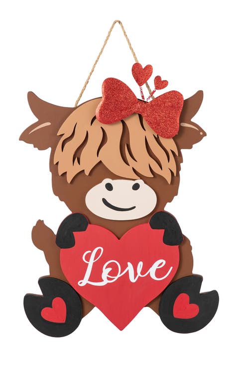 18"H Valentine's Wooden Highland Cow with Heart Door Hanger