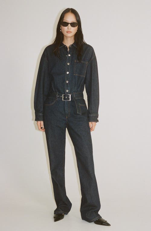 Mango Belted Long Sleeve Jumpsuit In Open Blue