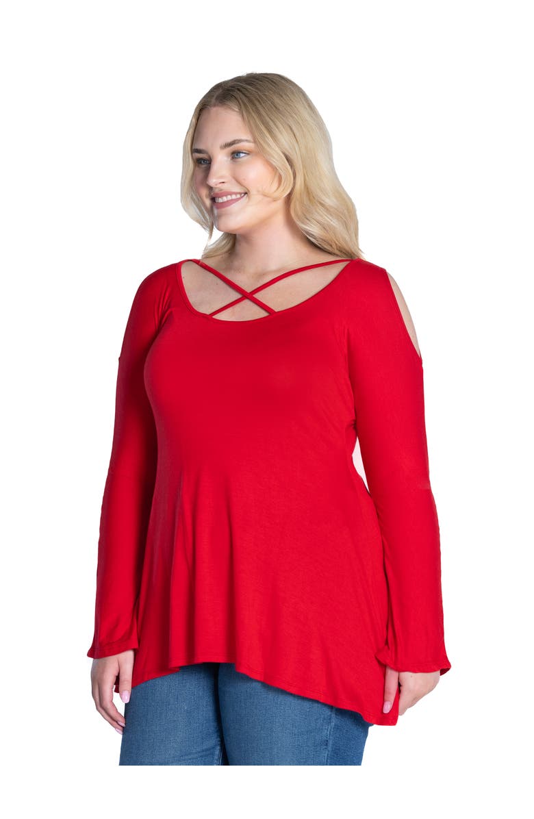 24seven Comfort Apparel Long Sleeve Criss Cross Cold Shoulder Top, Alternate, color, Red