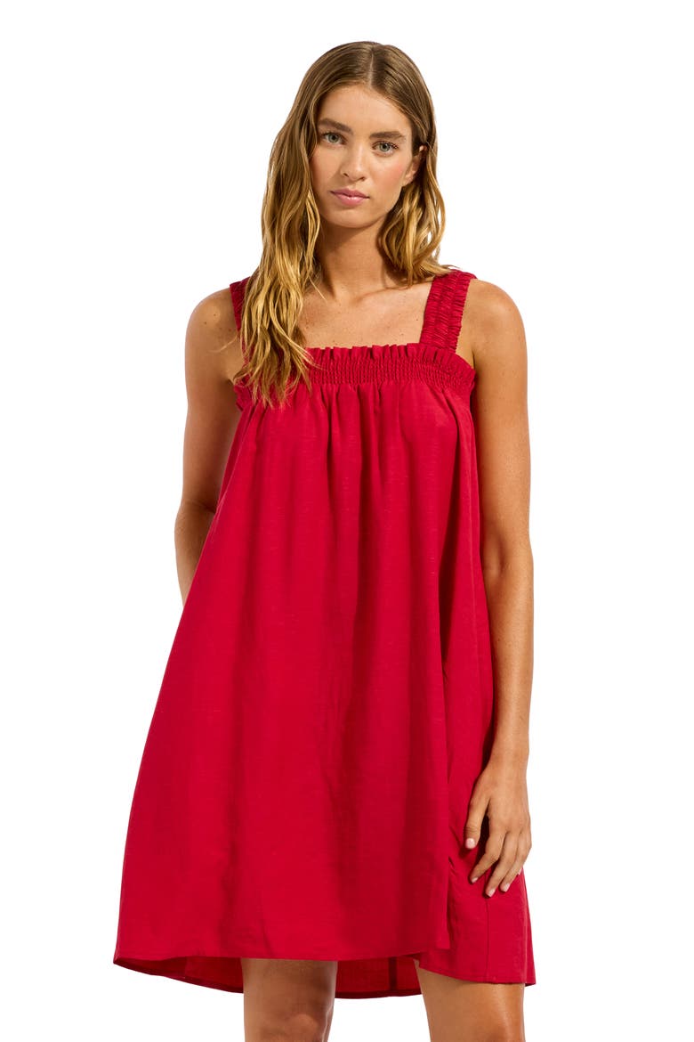 Gathered Band Cover-Up Dress, Alternate, color, COSMO RED
