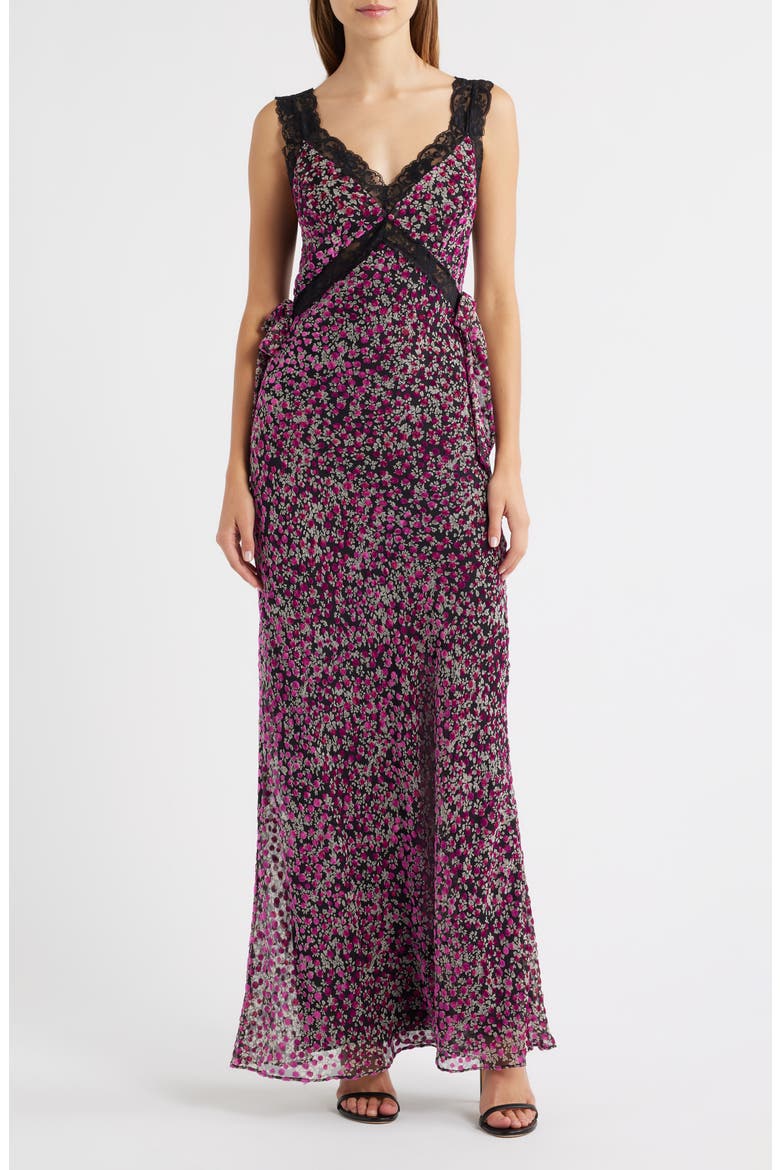 Lily Lace Trim Sleeveless Velvet Gown, Main, color, PURPLE FLORAL