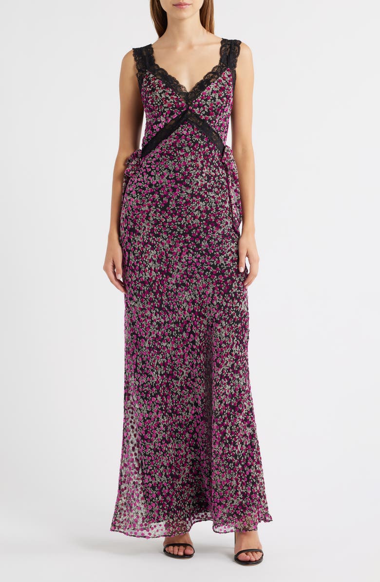 Lulus Lily Lace Trim Sleeveless Velvet Gown, Main, color, Purple Floral