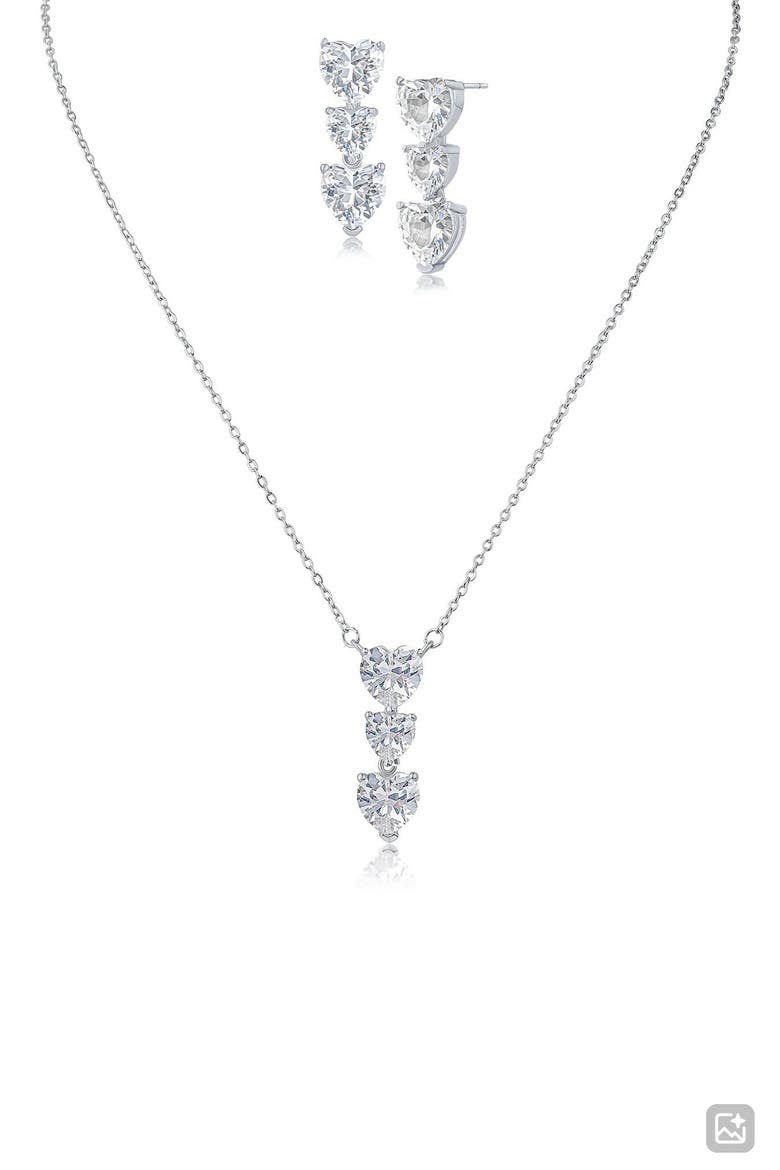 Heart Shaped Cubic Zirconia Pendant Necklace & Drop Earrings Set, Main, color, RHODIUM PLATED BRASS
