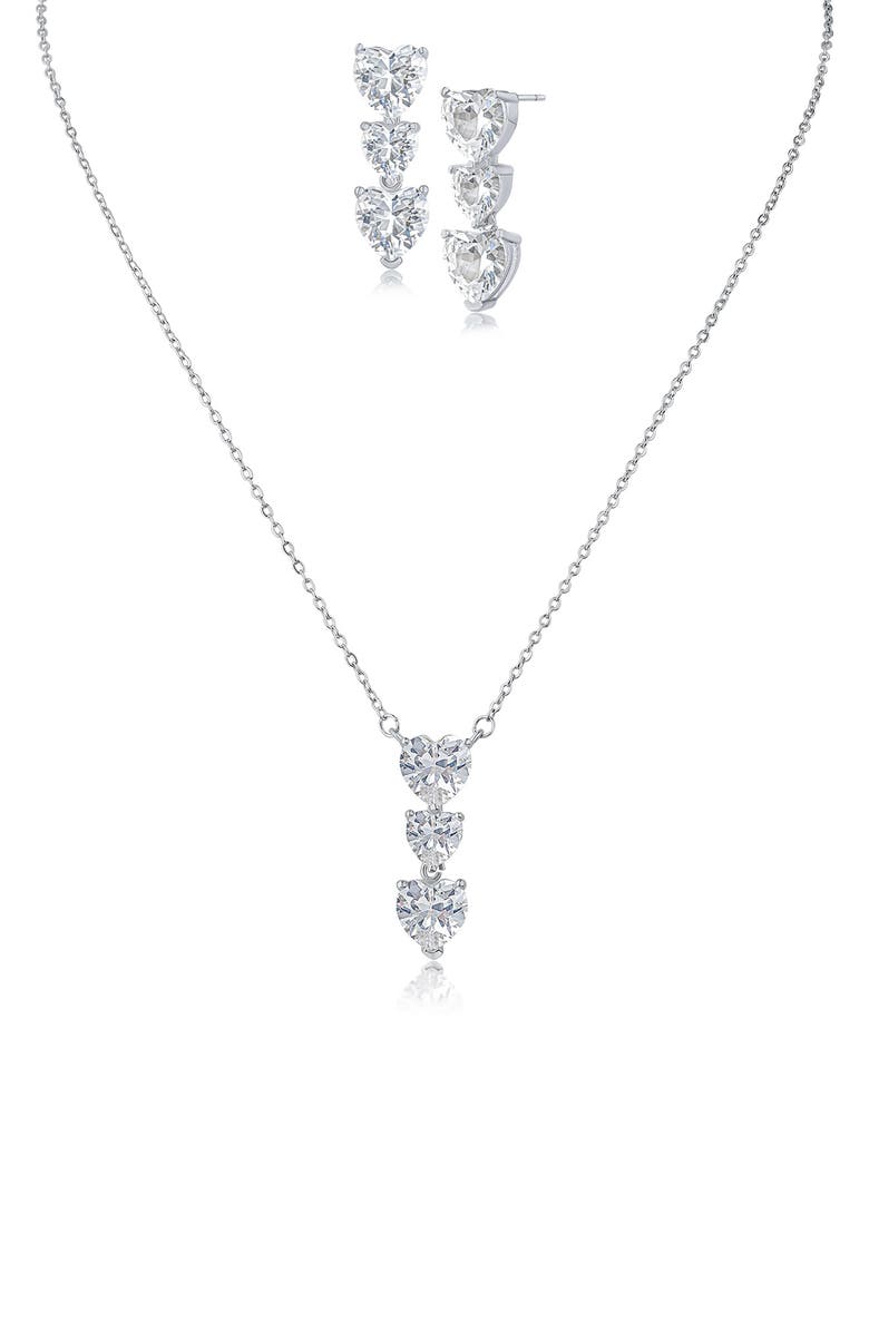 CZ by Kenneth Jay Lane Heart Shaped Cubic Zirconia Pendant Necklace & Drop Earrings Set, Main, color, Rhodium Plated Brass