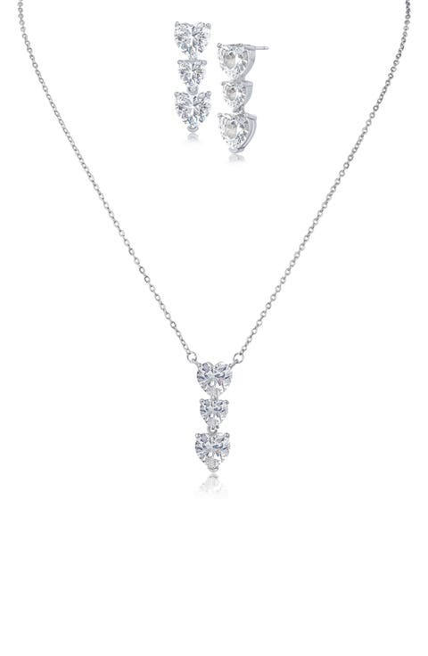Heart Shaped Cubic Zirconia Pendant Necklace & Drop Earrings Set