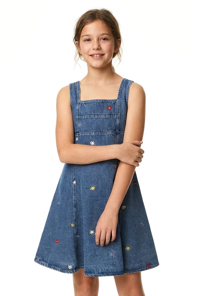 Kids' Floral Embroidered Fit & Flare Cotton Denim Dress, Alternate, color, DENIM BLUE