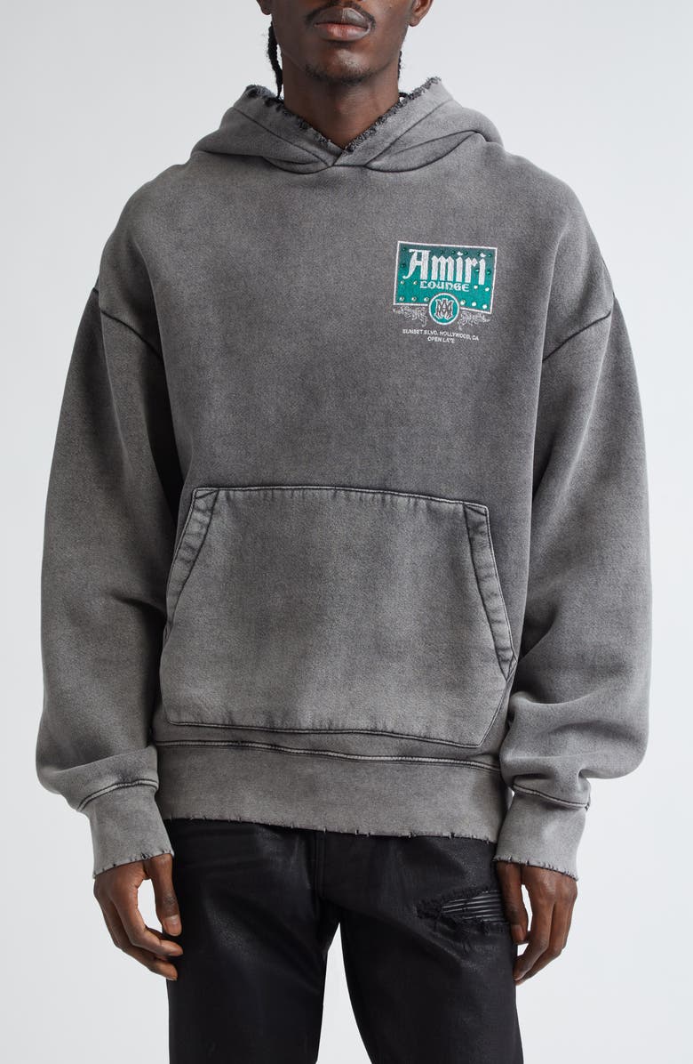 AMIRI Lounge Crystal Embellished Distressed Graphic Hoodie, Main, color, Black