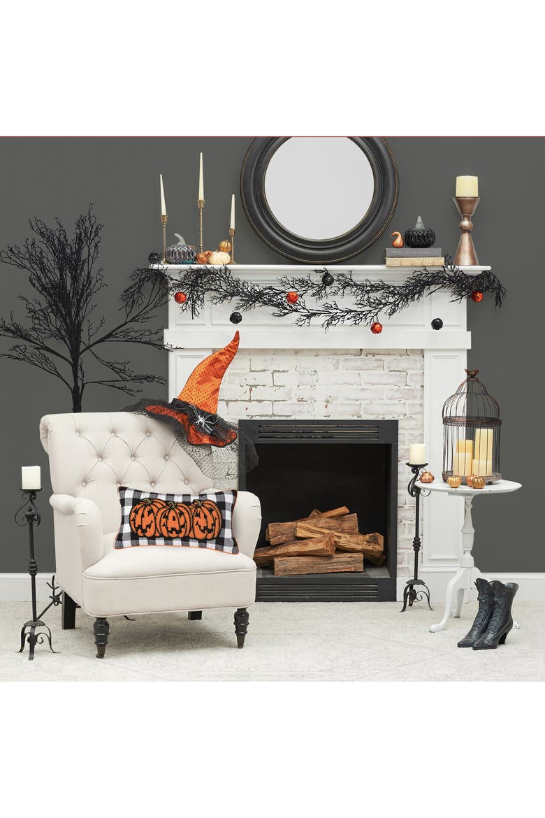 Jack-O-Lantern Pumpkin Check Tufted Bolster Halloween Accent Pillow, 12" x 24", Alternate, color, Orange