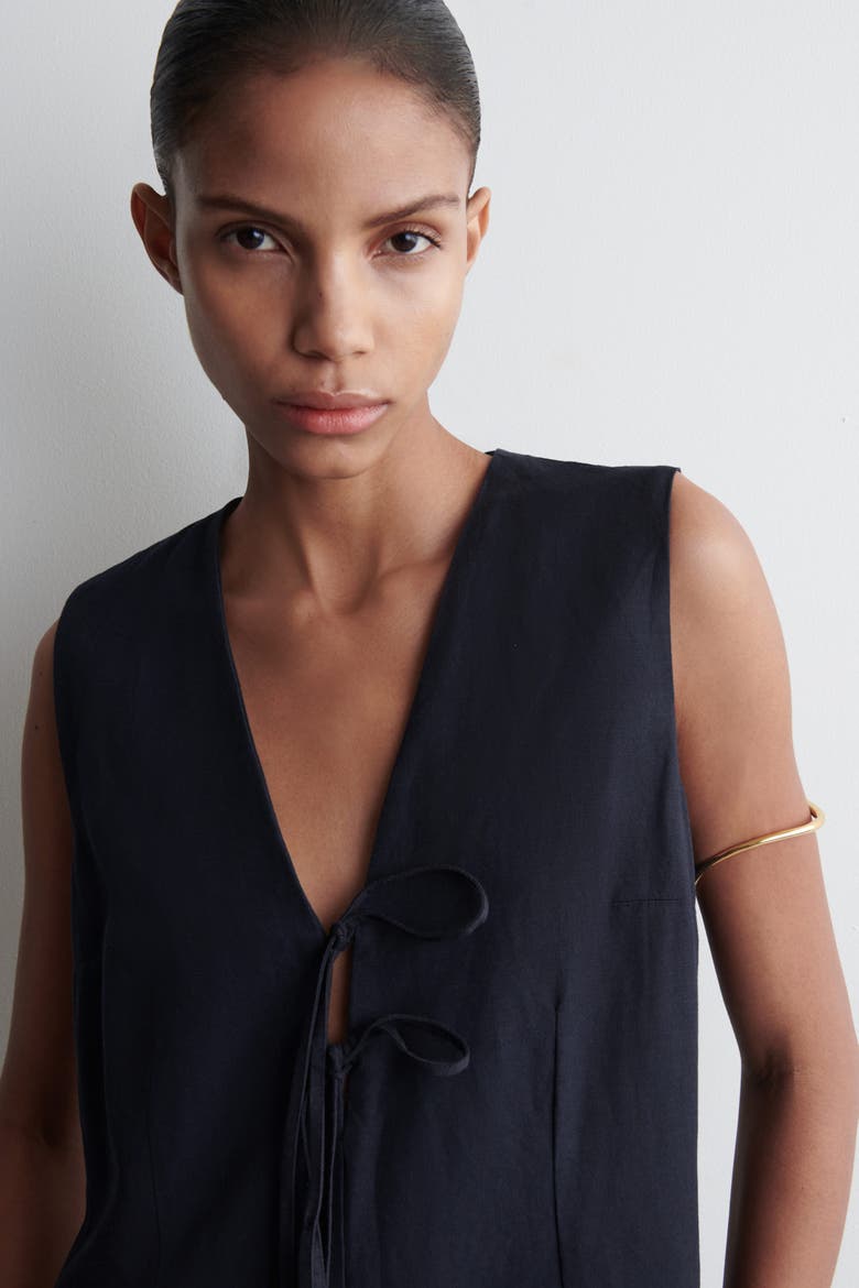 Linen-Blend Tie-Front Midi Dress, Alternate, color, NAVY