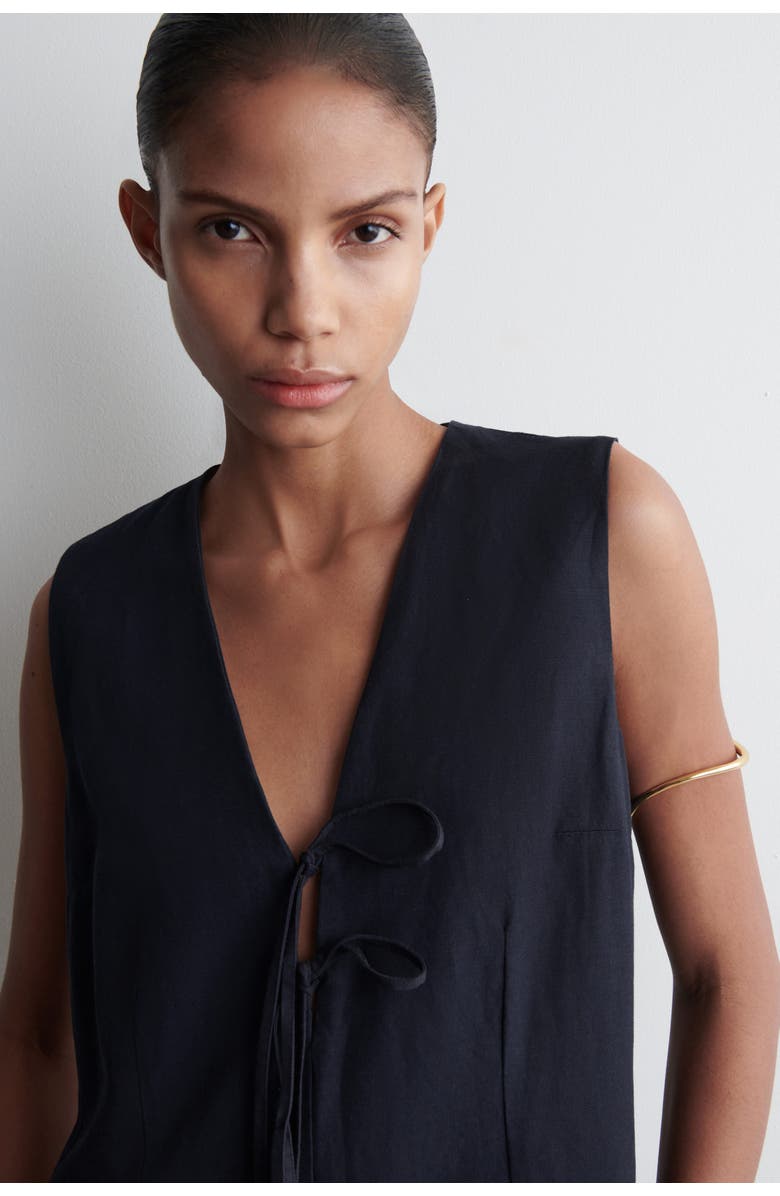 COS Linen-Blend Tie-Front Midi Dress, Alternate, color, Navy