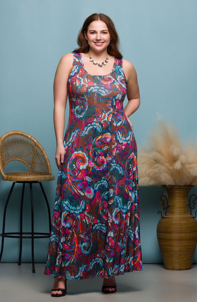 24seven Comfort Apparel Paisley Scoop Neck Knit Maxi Dress, Alternate, color, Brown Multi