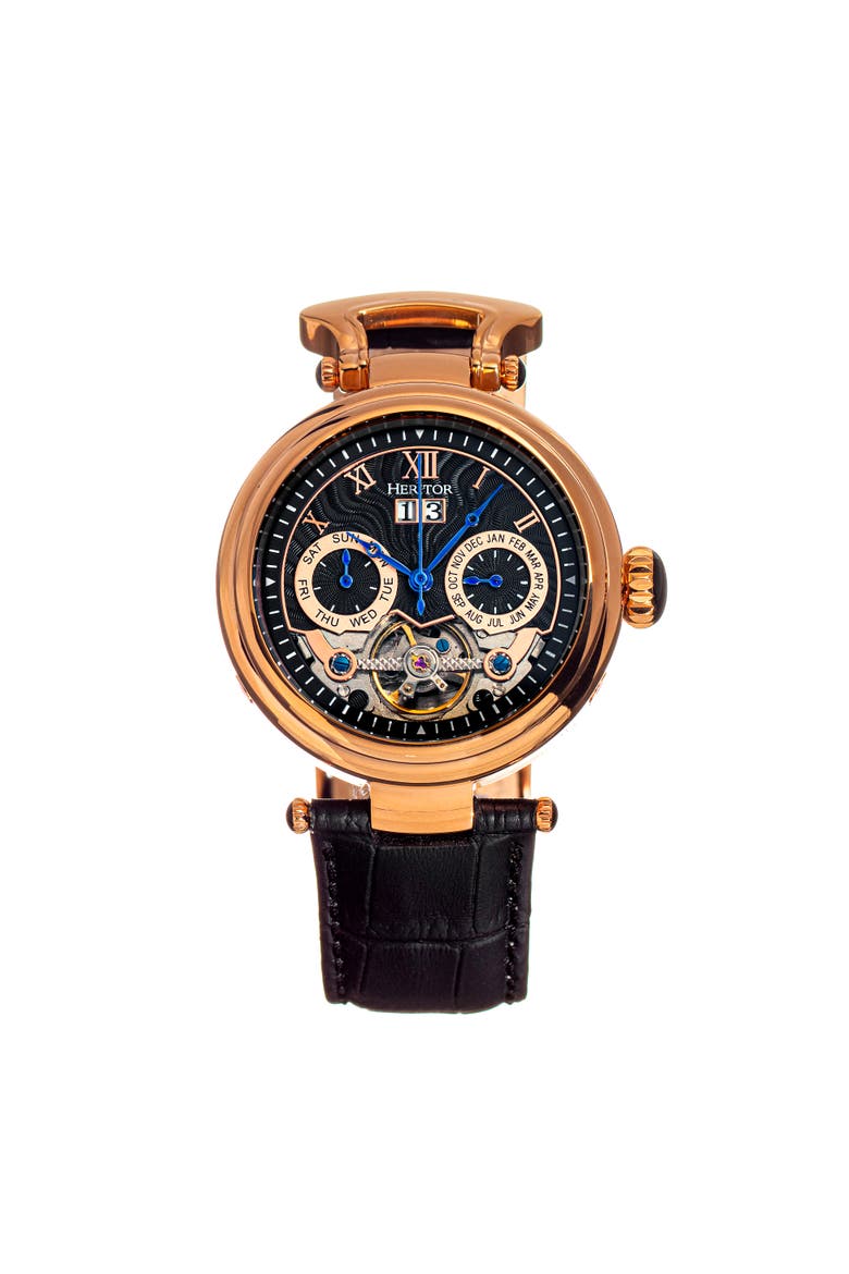 Ganzi Semi-Skeleton Leather-Band Watch, Main, color, Rose Gold/Black