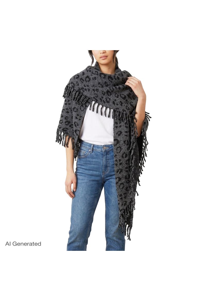 Jacquard Knit Leopard Triangle Scarf with Fringe, Alternate, color, GREY