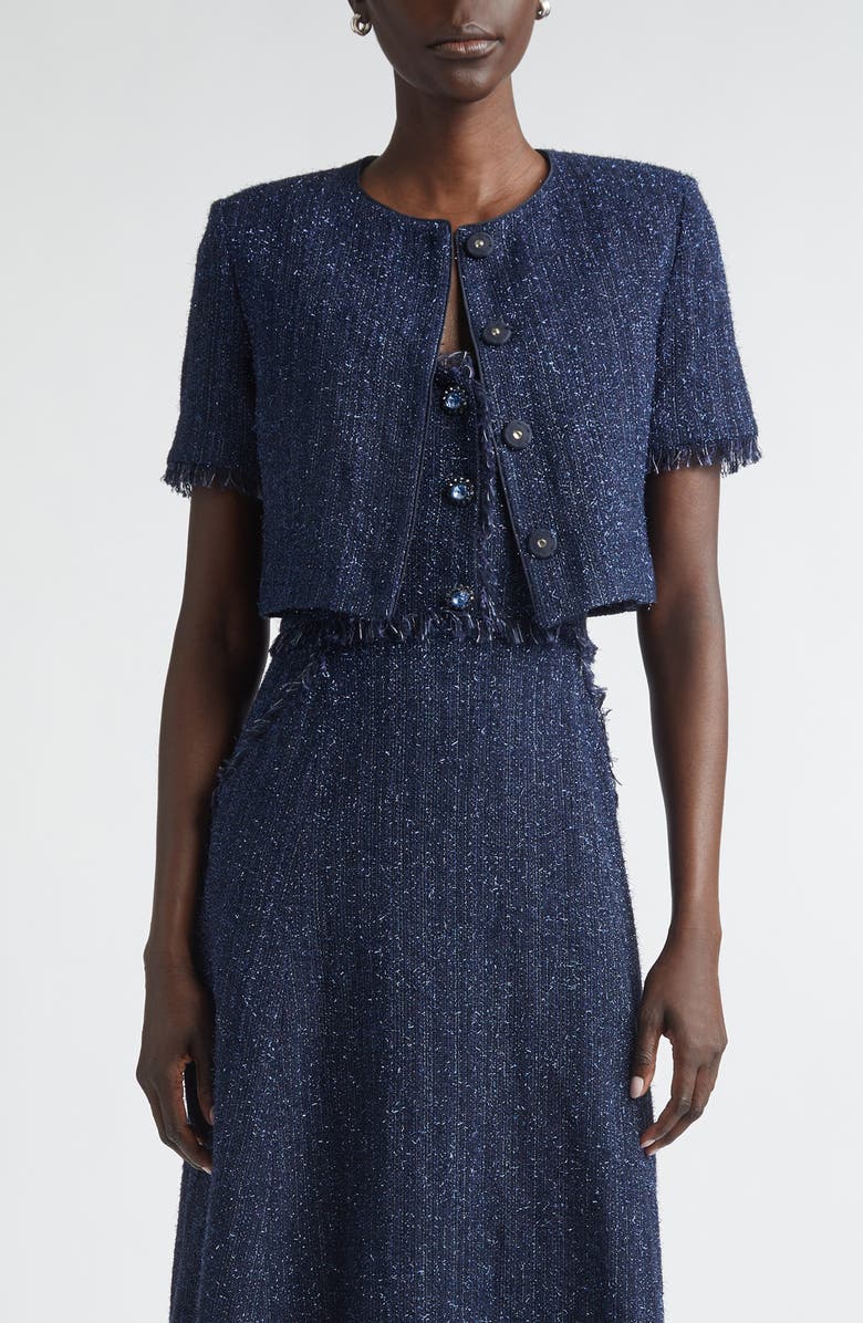 ST. JOHN Metallic Shimmer Tweed Bolero Jacket, Main, color, Midnight Metallic