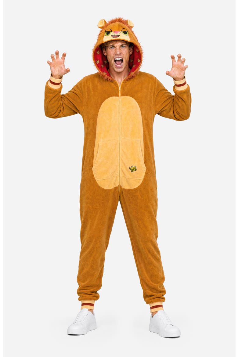 Lion Hooded Fleece Jumpsuit, Alternate, color, ORANGE