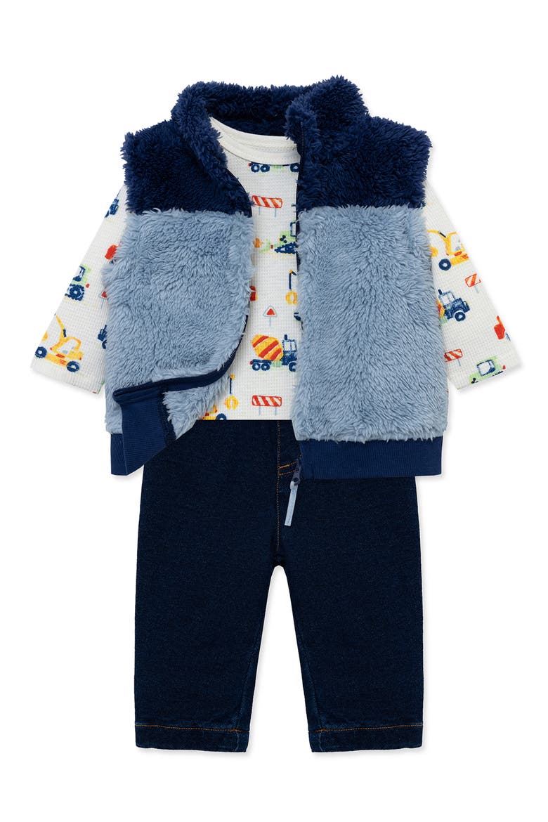 Trucks Long Sleeve Bodysuit, High Pile Fleece Vest & Jeans Set, Alternate, color, BLUE