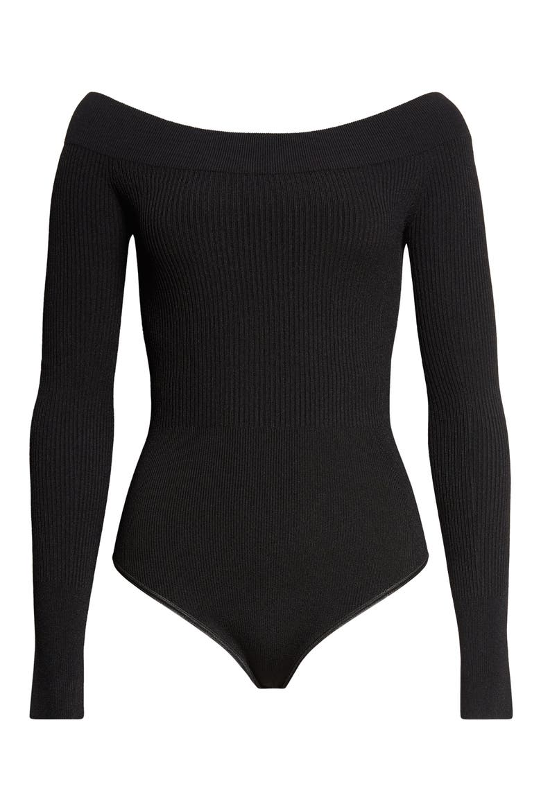 Sculpting Rib Off the Shoulder Bodysuit, Main, color, NOIR ALAIA