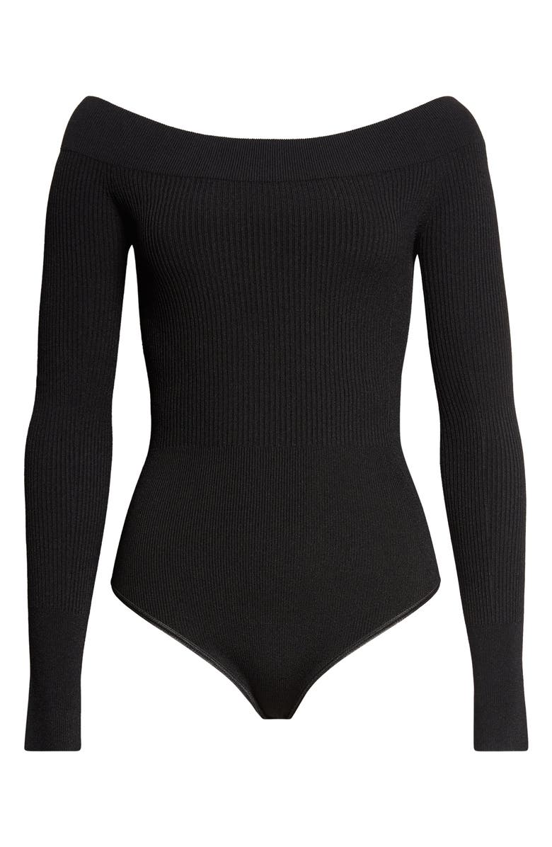 Alaïa Sculpting Rib Off the Shoulder Bodysuit, Main, color, Noir Alaia