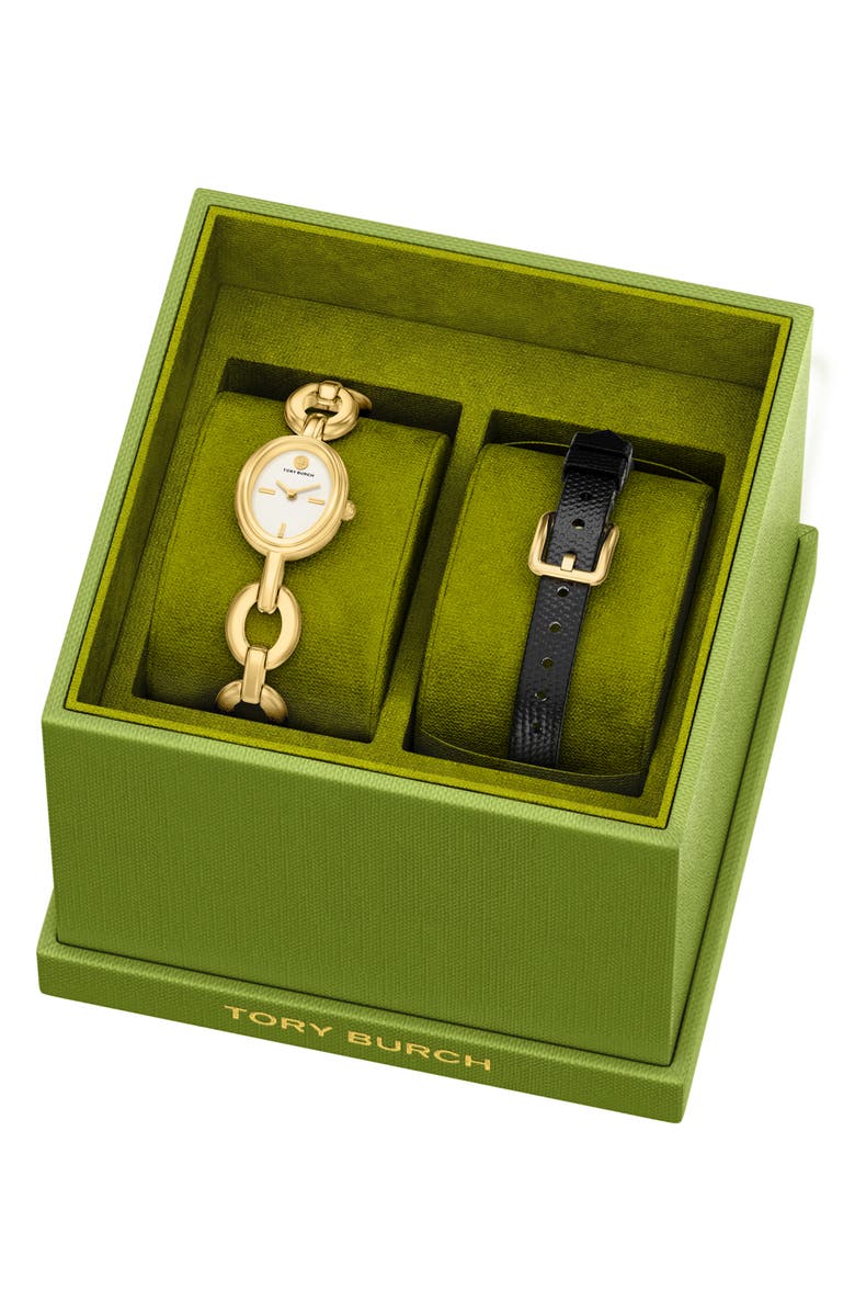 Tory Burch The Small Oval Watch Gift Set, 18mm x 23mm, Alternate, color, Gold / Black