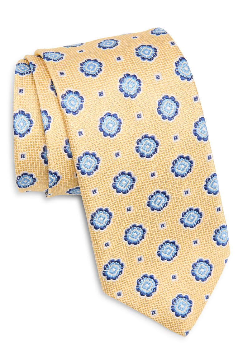 Floral Medallion Silk & Cotton Tie, Main, color, YELLOW