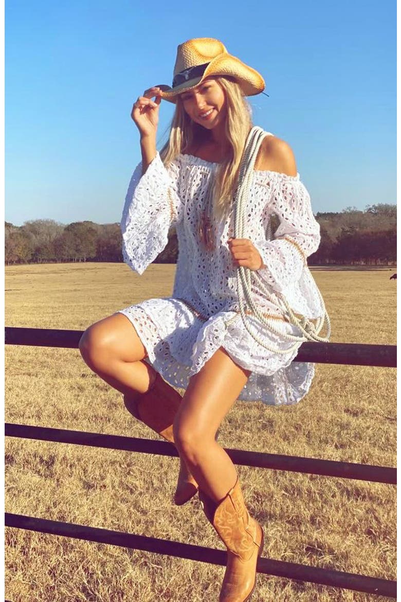 Off the Shoulder Eyelet Cover-Up Dress, Alternate, color, WHITE