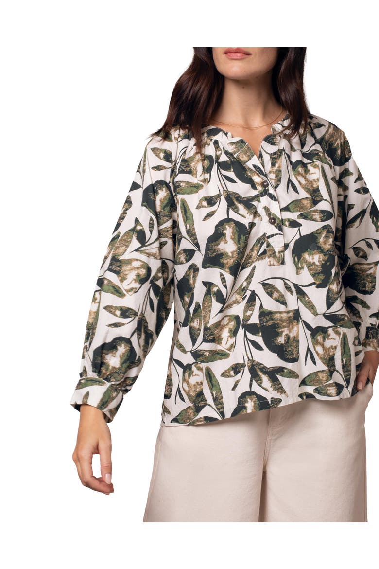 Relaxed Cotton Printed V-Neck Blouse, Alternate, color, Chalk / Khaki Leaf