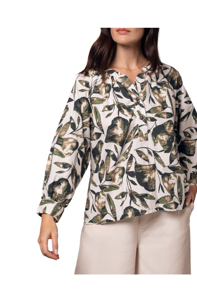 Celtic & Co. Relaxed Cotton Printed V-Neck Blouse, Alternate, color, Chalk / Khaki Leaf