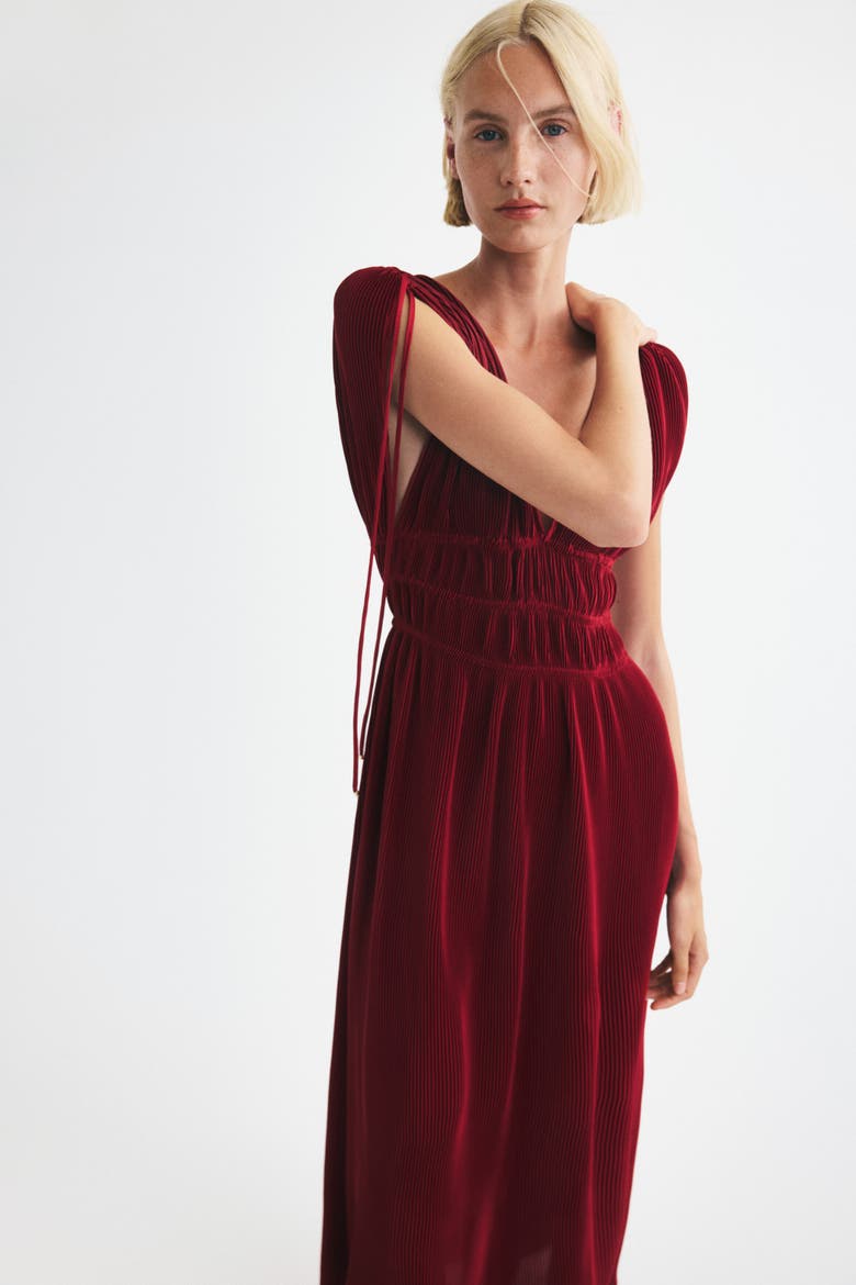 Crinkled Drawstring-detail Dress, Alternate, color, Dark red