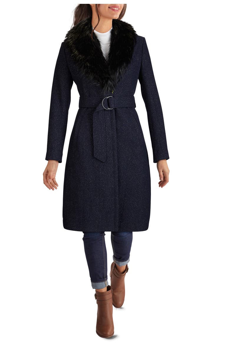 GUESS Faux Fur Shawl Collar Belted Wool Coat, Main, color, 