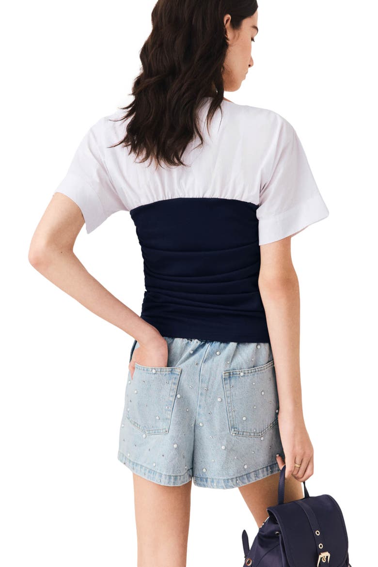 Pleated jersey top, Alternate, color, White/navy