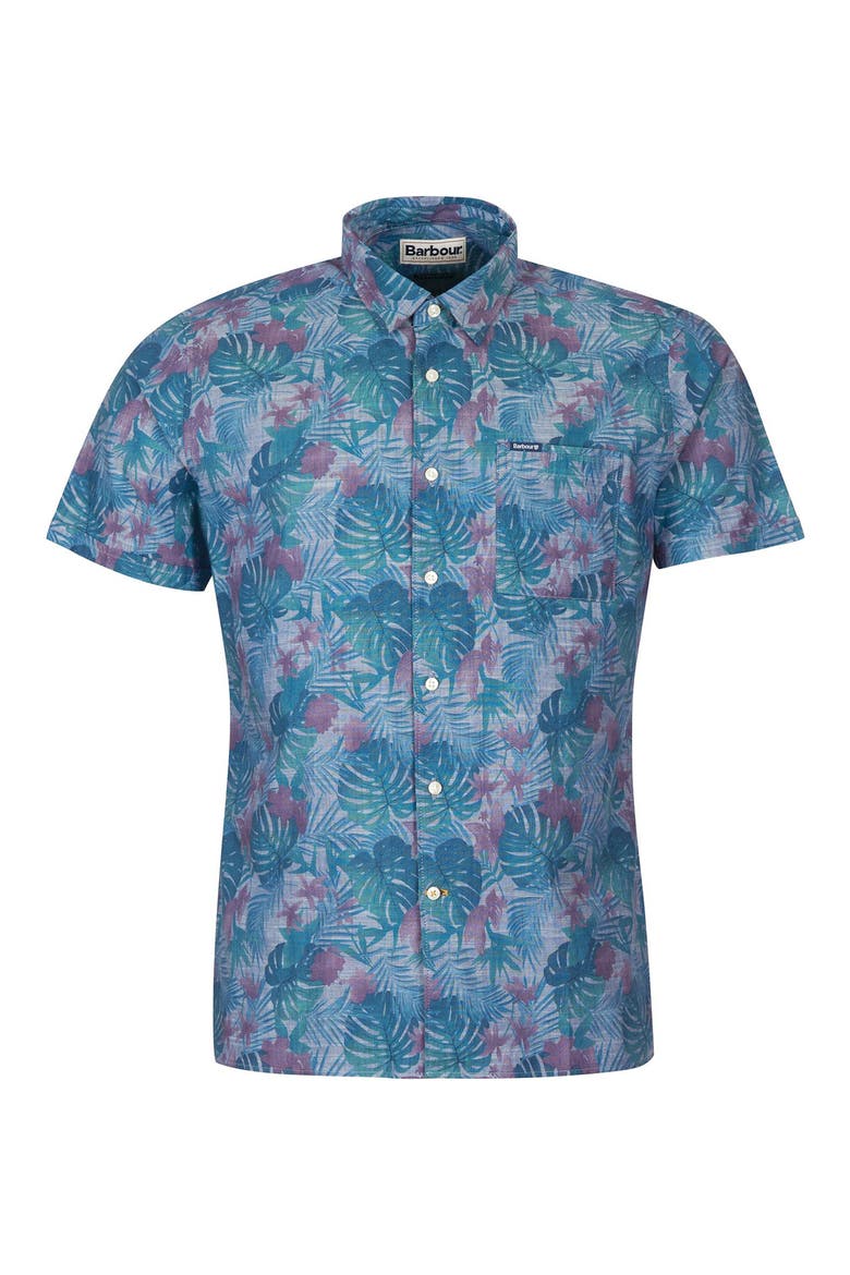 Men's Dunford Leaf Print Short Sleeve Chambray Button-Up Shirt, Alternate, color, BLUE