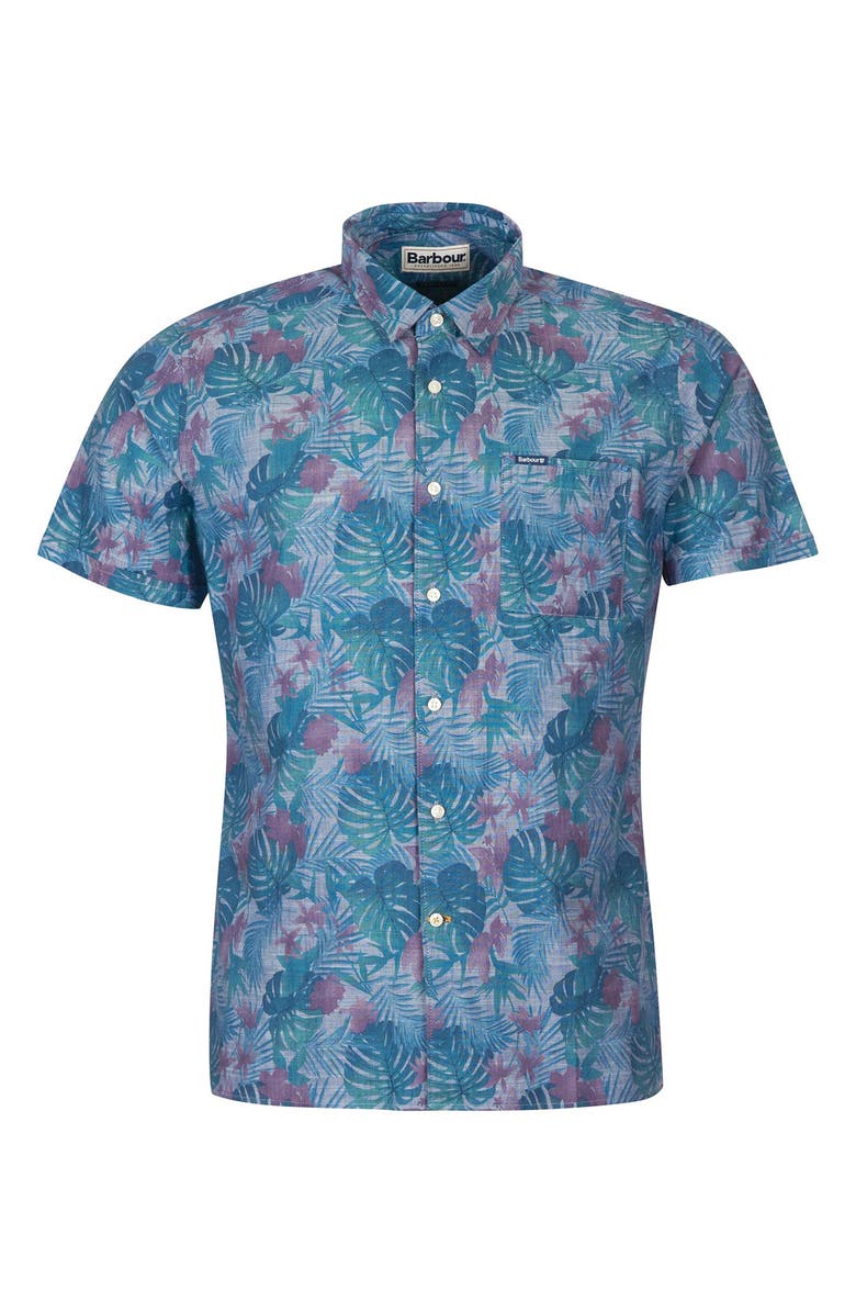 Barbour Men's Dunford Leaf Print Short Sleeve Chambray Button-Up Shirt, Alternate, color, Chambray Blue